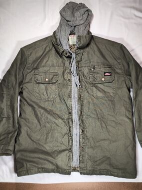 Dickies Men's Olive Green Utility Jacket with Attached Gray Hood Size 46-48